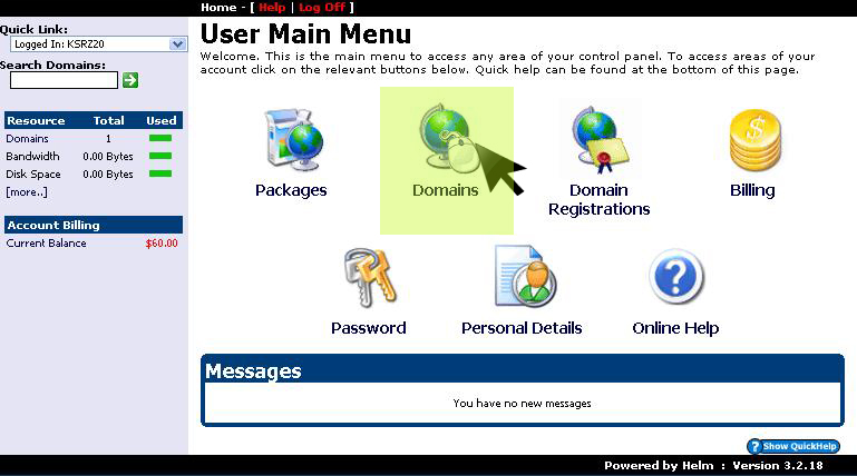Control panel Domains menu